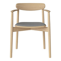 Light wood chair with a smooth finish and a solid gray upholstered seat. Minimalist design with clean lines.