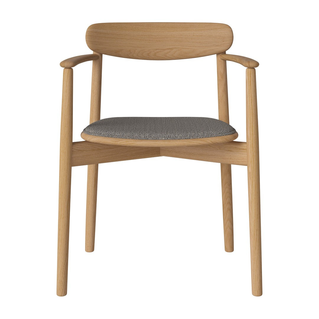 Light oak chair with a smooth wood finish and a gray textured seat cushion. Modern design with minimalist style.