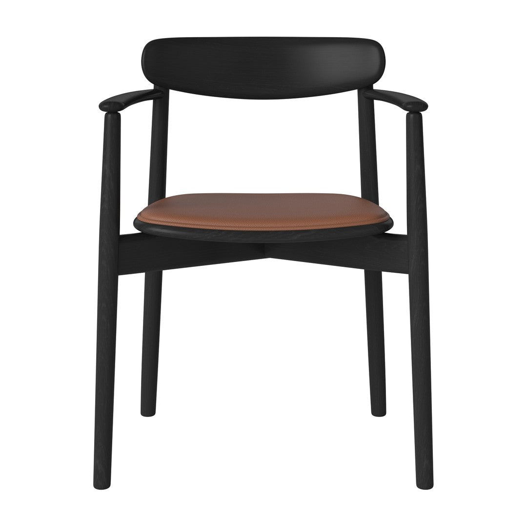 Black wooden chair with a smooth, rounded back and a warm brown seat, showcasing a modern, minimalist design.