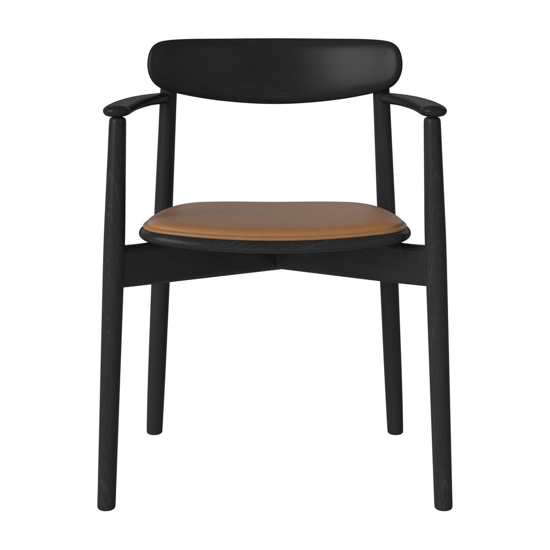 Black wooden chair with smooth black finish and contrasting brown wood seat. Elegant and minimalistic design.
