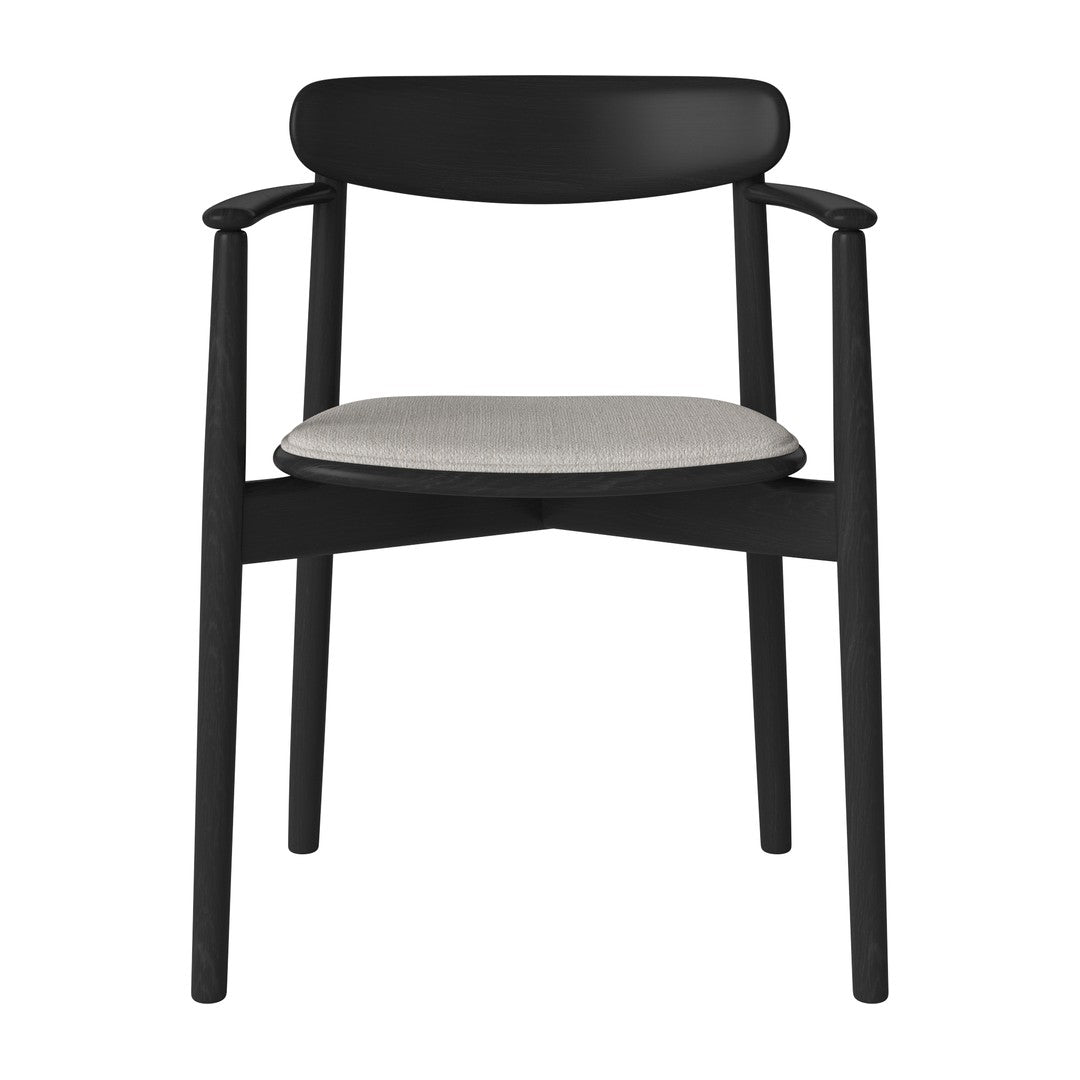 Black wooden chair with a light gray upholstered seat, featuring a minimalist design and smooth curved edges.