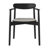 Black wooden chair with a light gray upholstered seat, featuring a minimalist design and smooth curved edges.