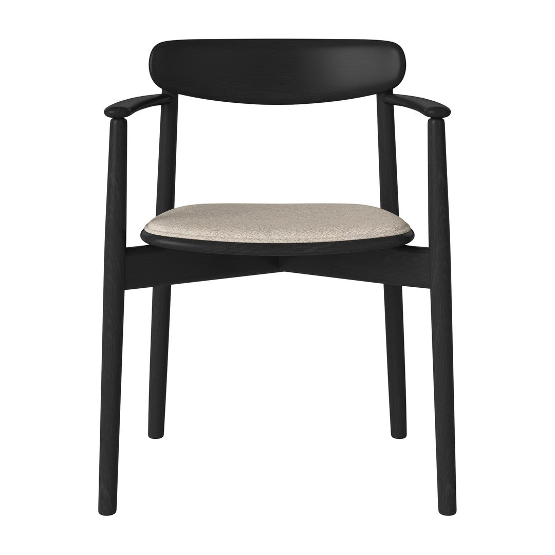 Black wooden chair with a beige upholstered seat, featuring a sleek, minimalist design.