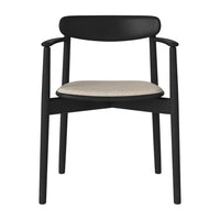 Black wooden chair with a beige upholstered seat, featuring a sleek, minimalist design.