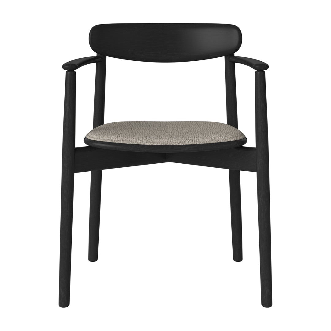 Black wooden chair with a light gray fabric seat, featuring a minimalist design with clean lines and smooth curves.