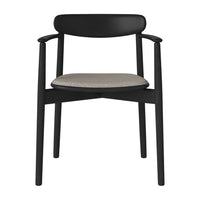 Black wooden chair with a light gray fabric seat, featuring a minimalist design with clean lines and smooth curves.
