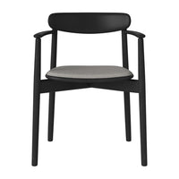 Black wooden chair with a smooth gray fabric seat, showcasing a minimalist and modern design.