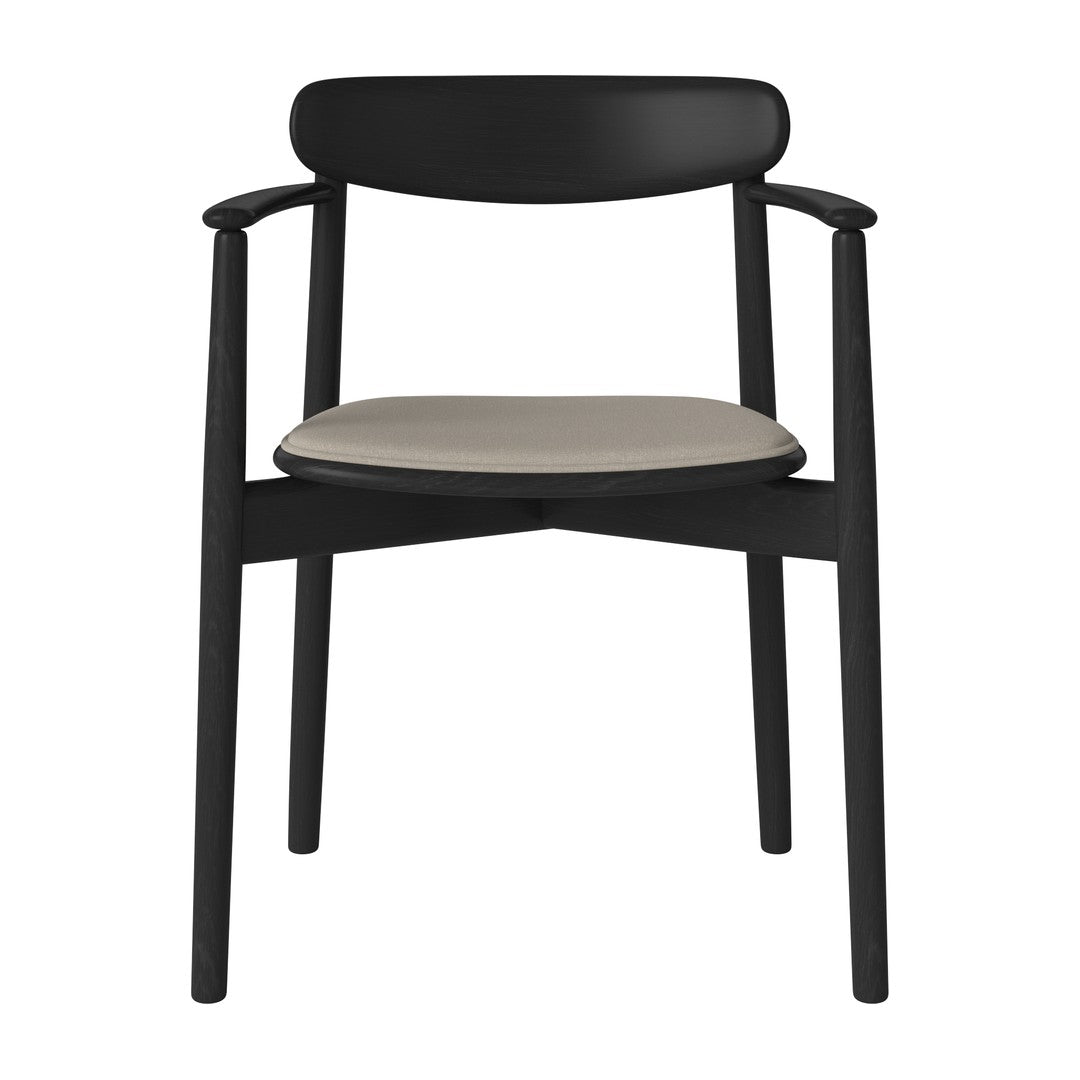 Black wooden chair with a sleek silhouette and a light grey upholstered seat, minimalist design, perfect for modern decor.
