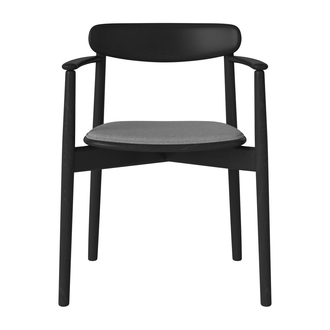 Black wooden chair with a sleek design and gray upholstered seat, perfect for modern decor.