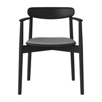 Black wooden chair with a sleek design and gray upholstered seat, perfect for modern decor.