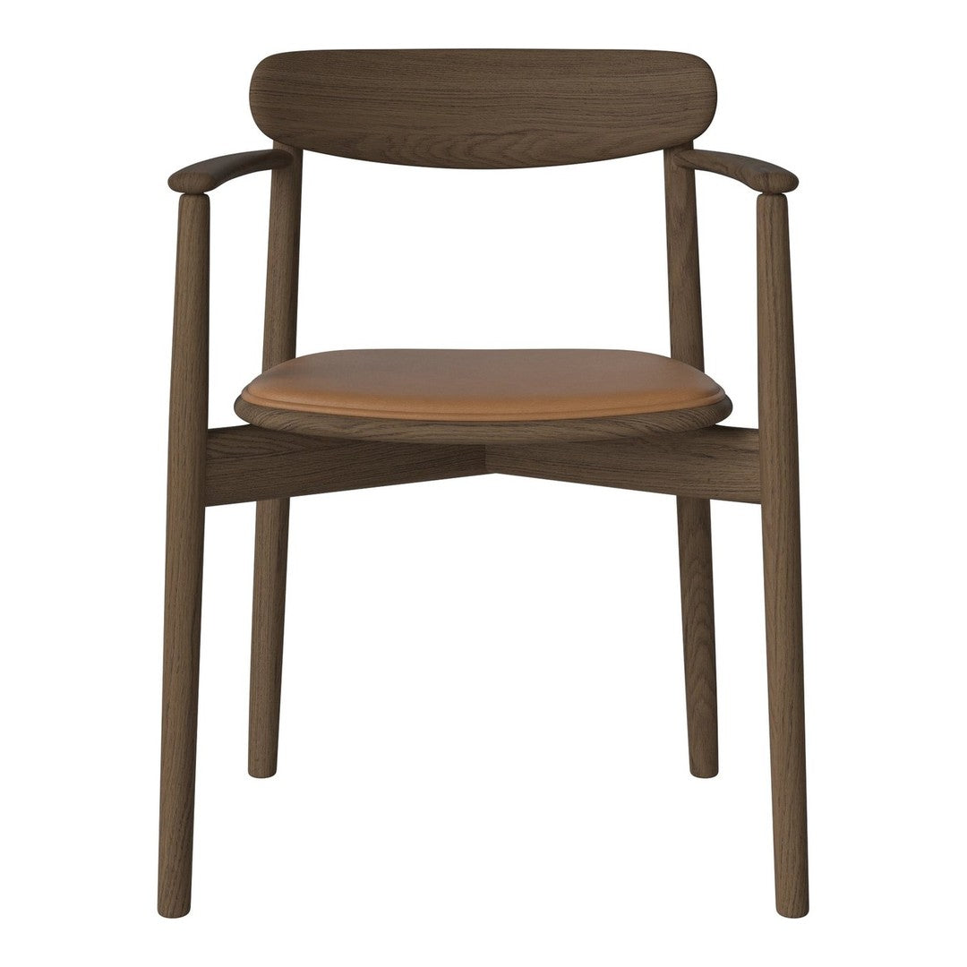 Brown wooden chair with a smooth, light brown seat and curved backrest, featuring a minimalist design.