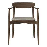 Mid-century wood chair in dark walnut finish with a cream cushion. Simple, modern design with clean lines.
