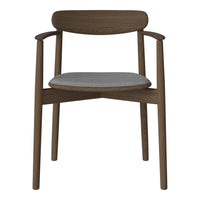 Mid-century modern chair in rich walnut wood with a soft gray upholstered seat. Clean lines and minimalist design.