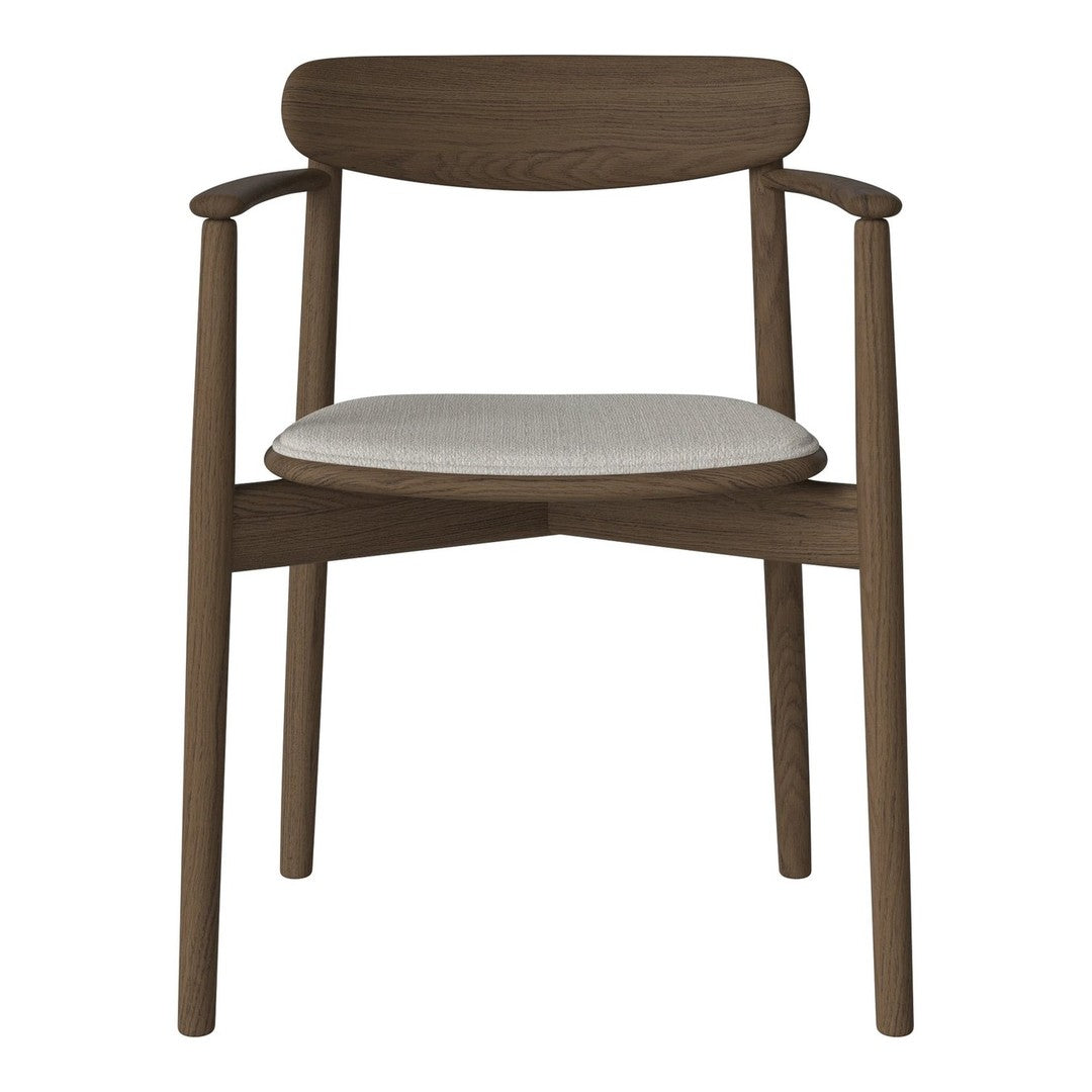 Wooden chair with a dark brown finish and a light beige patterned seat cushion. Elegant, minimalist design.