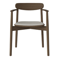 Wooden chair with a dark brown finish and a light beige patterned seat cushion. Elegant, minimalist design.