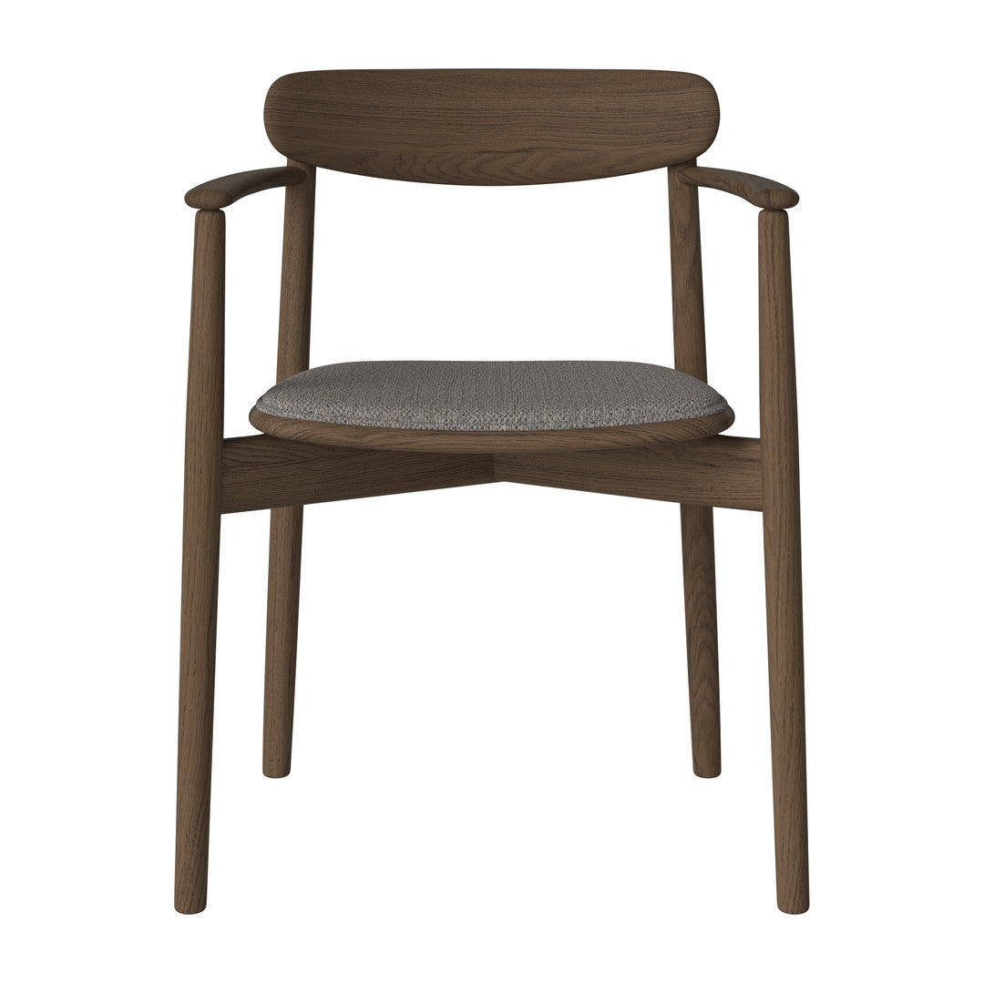 Mid-century modern chair in rich brown wood with a gray fabric seat, showcasing simple lines and a minimalist design.