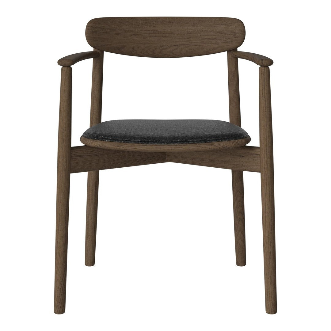 Wooden chair with a rich brown finish and a sleek black seat, featuring clean lines and modern design.