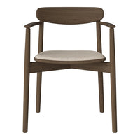 Modern brown wooden chair with a beige upholstered seat and simple, clean lines. Ideal for minimalist decor.