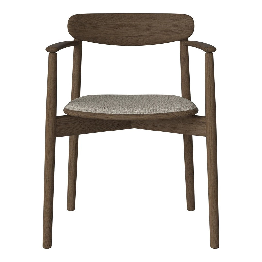 Wooden chair with a dark brown finish and a light beige textured seat cushion. Simple, modern design.