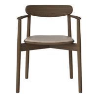Light beige seat on a rich brown wooden chair with a minimalist design, showcasing smooth lines and natural textures.