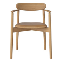 Light wood armchair with a smooth, minimalist design and natural oak finish, featuring a simple seat and backrest.