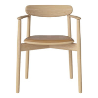 Light wood chair with a natural finish and a tan seat cushion, featuring a minimalist design and smooth curves.