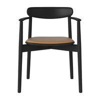 Black wooden chair with a sleek design and natural wood seat. Modern, minimalist aesthetic.