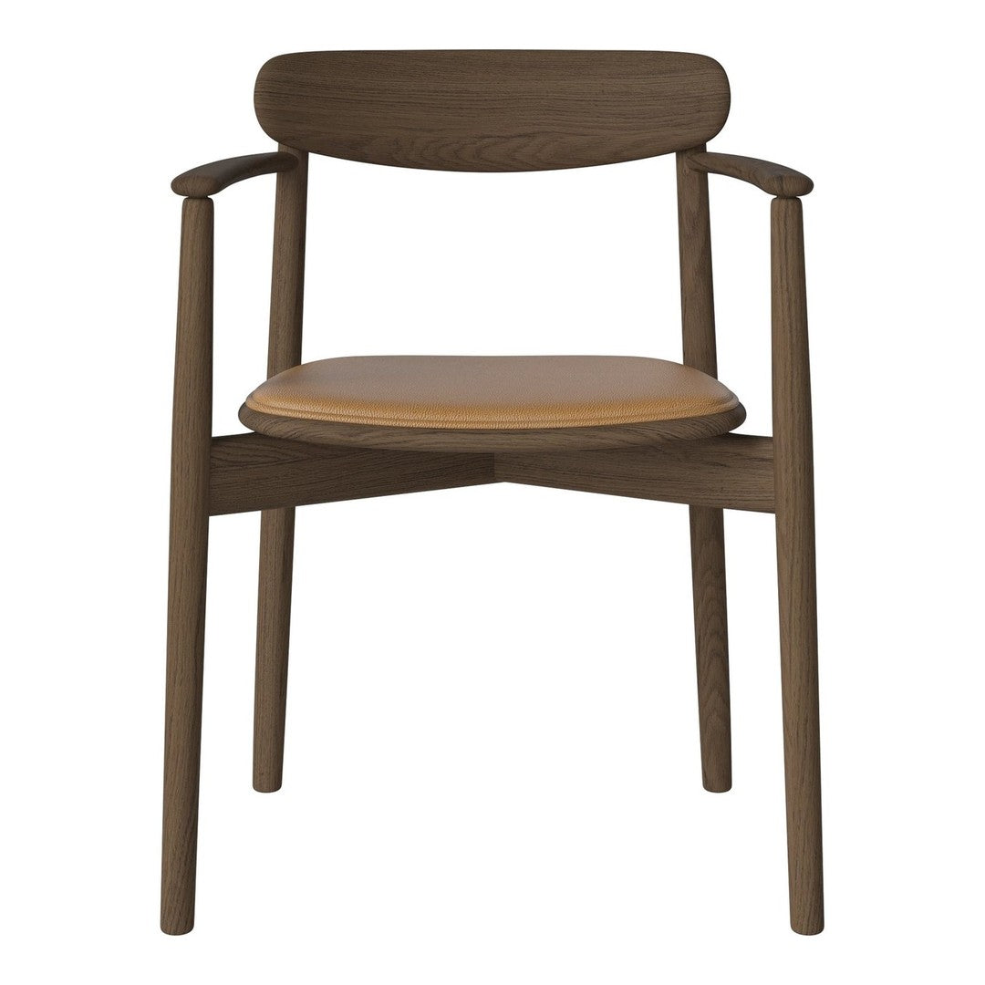 Brown wooden chair with a smooth, light tan seat and curved armrests for a modern, minimalist design.