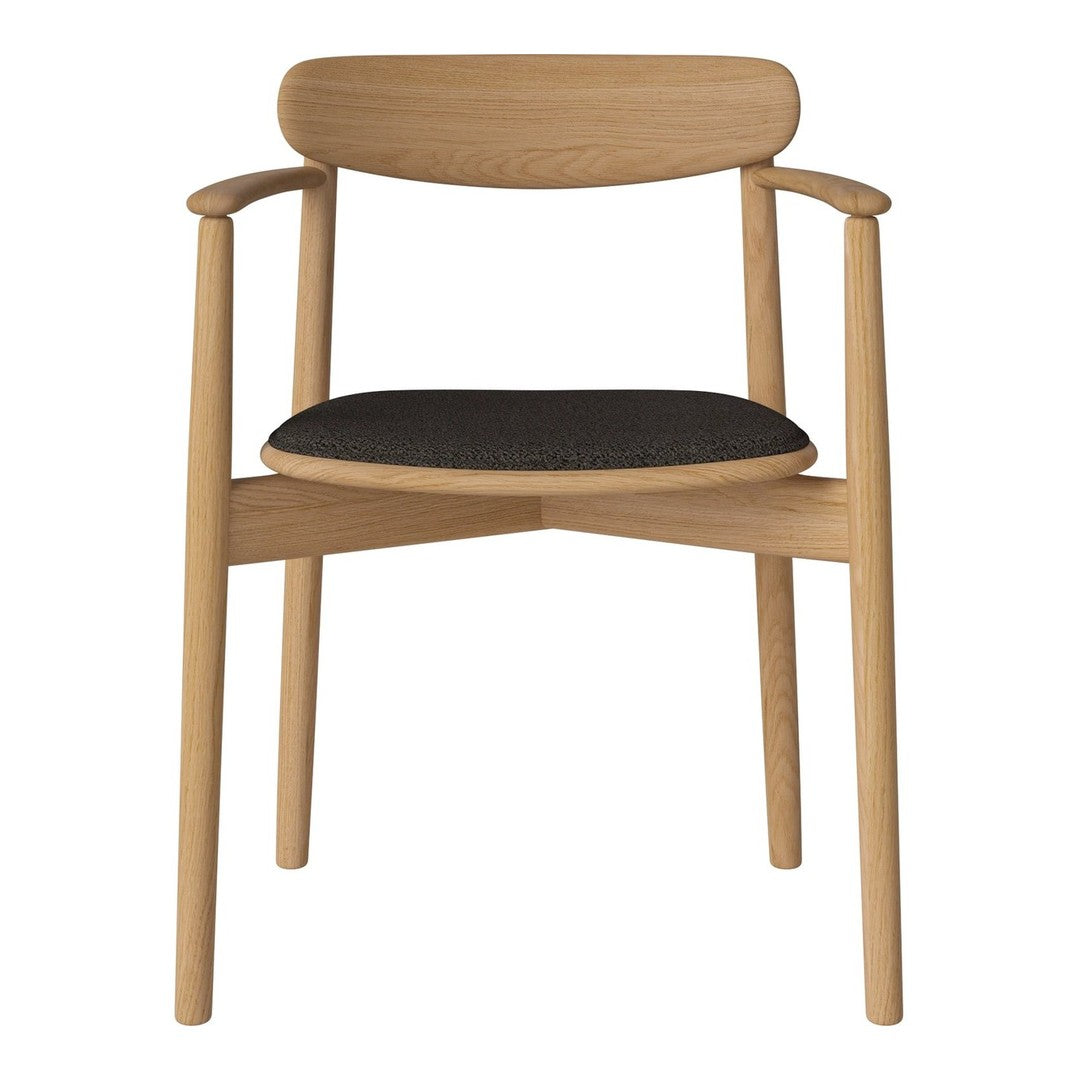 Natural oak chair with a sleek design and a dark black fabric seat, featuring smooth lines and minimalist style.