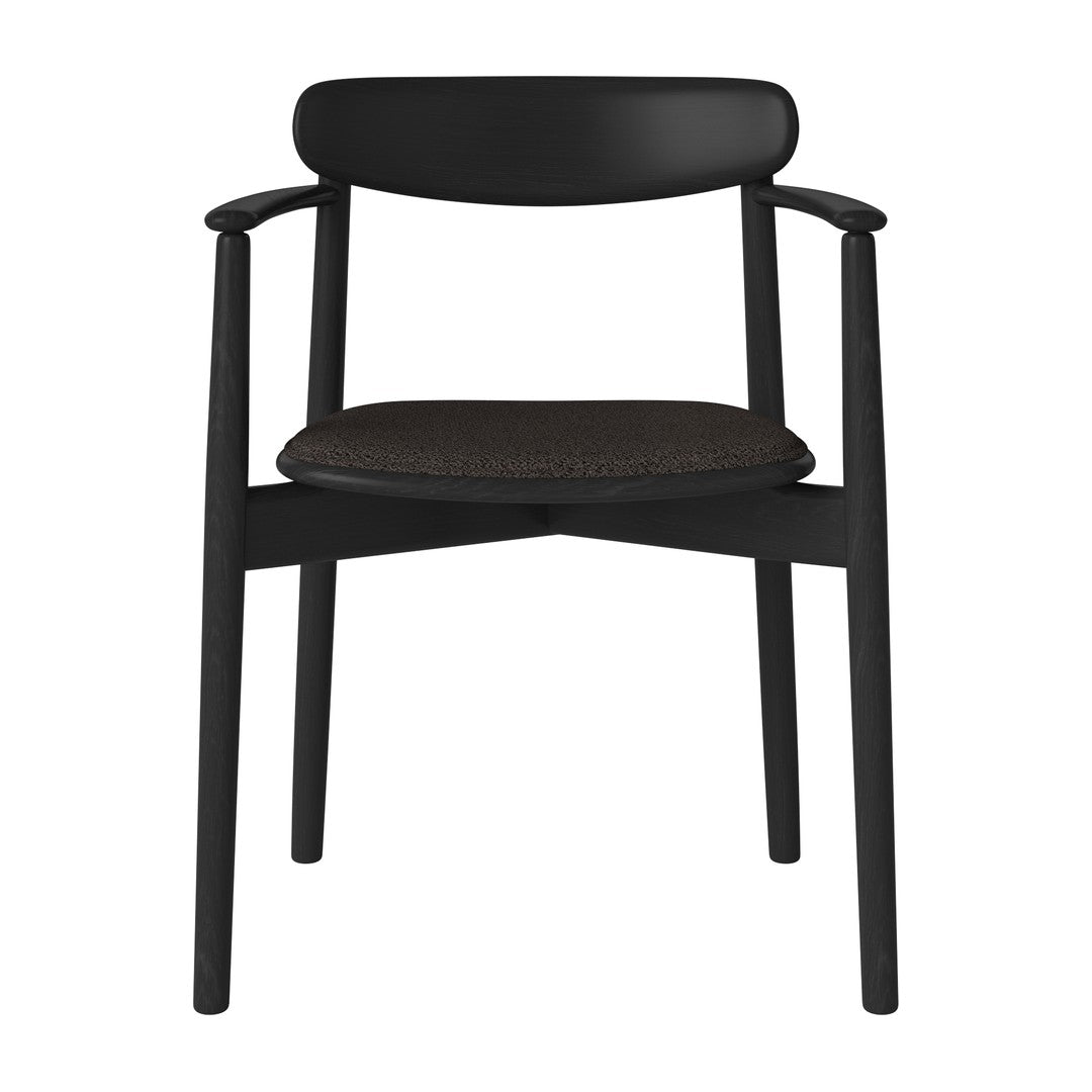 Black chair with a smooth finish and a textured brown seat cushion. Minimalist design with clean lines.
