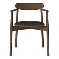 Brown wooden chair with a smooth finish and dark fabric seat, showcasing a modern, minimalist design.