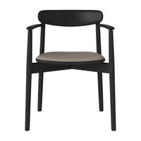 Black wooden chair with a neutral woven fabric seat, featuring a sleek, minimalist design.