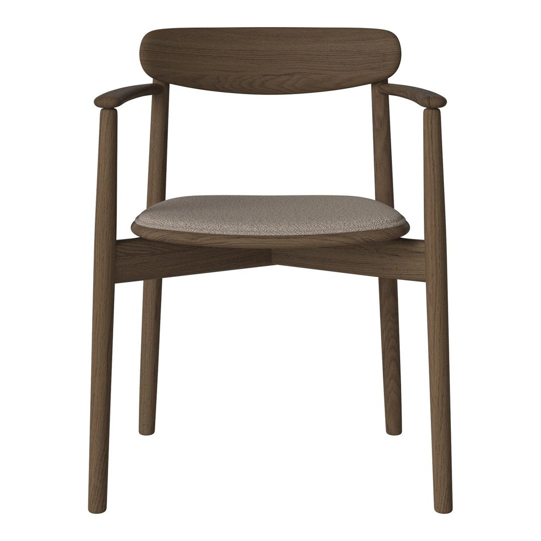 Brown wooden chair with a minimalist design and a light beige seat cushion. Stylish and contemporary.