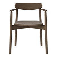 Brown wooden chair with a minimalist design and a light beige seat cushion. Stylish and contemporary.