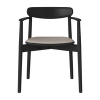 Black wooden chair with a beige patterned seat, featuring sleek, modern lines and a minimalist design.