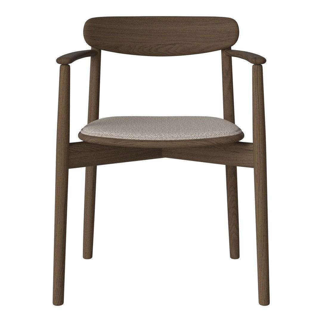 Wooden chair in rich brown with a light beige patterned cushion seat. Elegant, modern design.