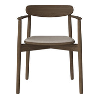Wooden chair in rich brown with a light beige patterned cushion seat. Elegant, modern design.
