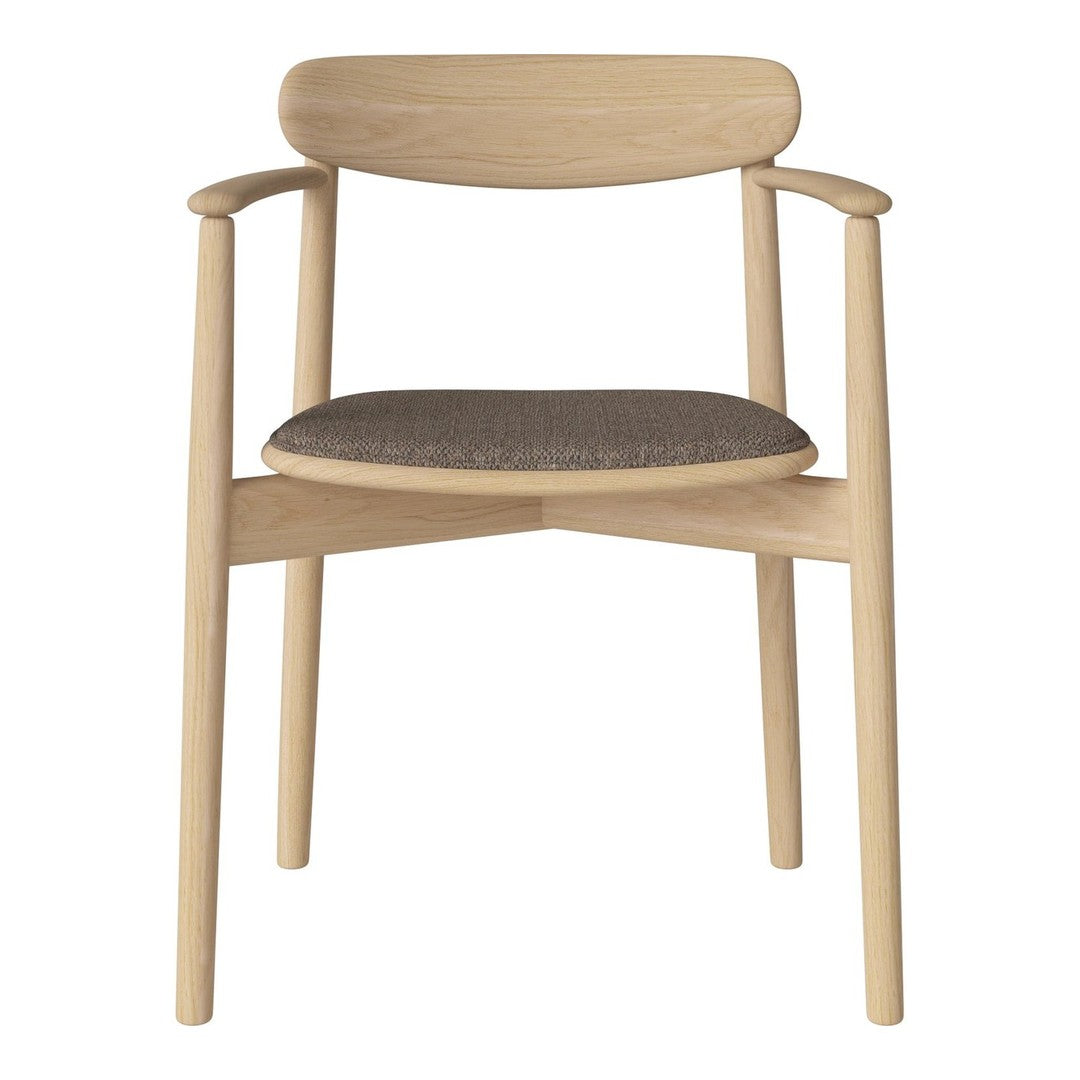 Natural wood chair with a light beige finish, featuring a textured gray fabric seat and minimalistic design.