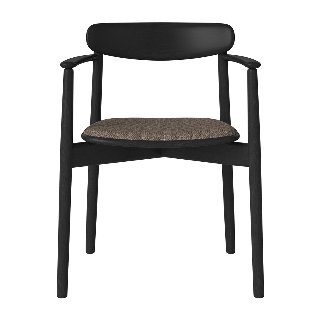 Black wooden chair with a textured brown seat cushion, featuring a minimalist design and smooth lines.