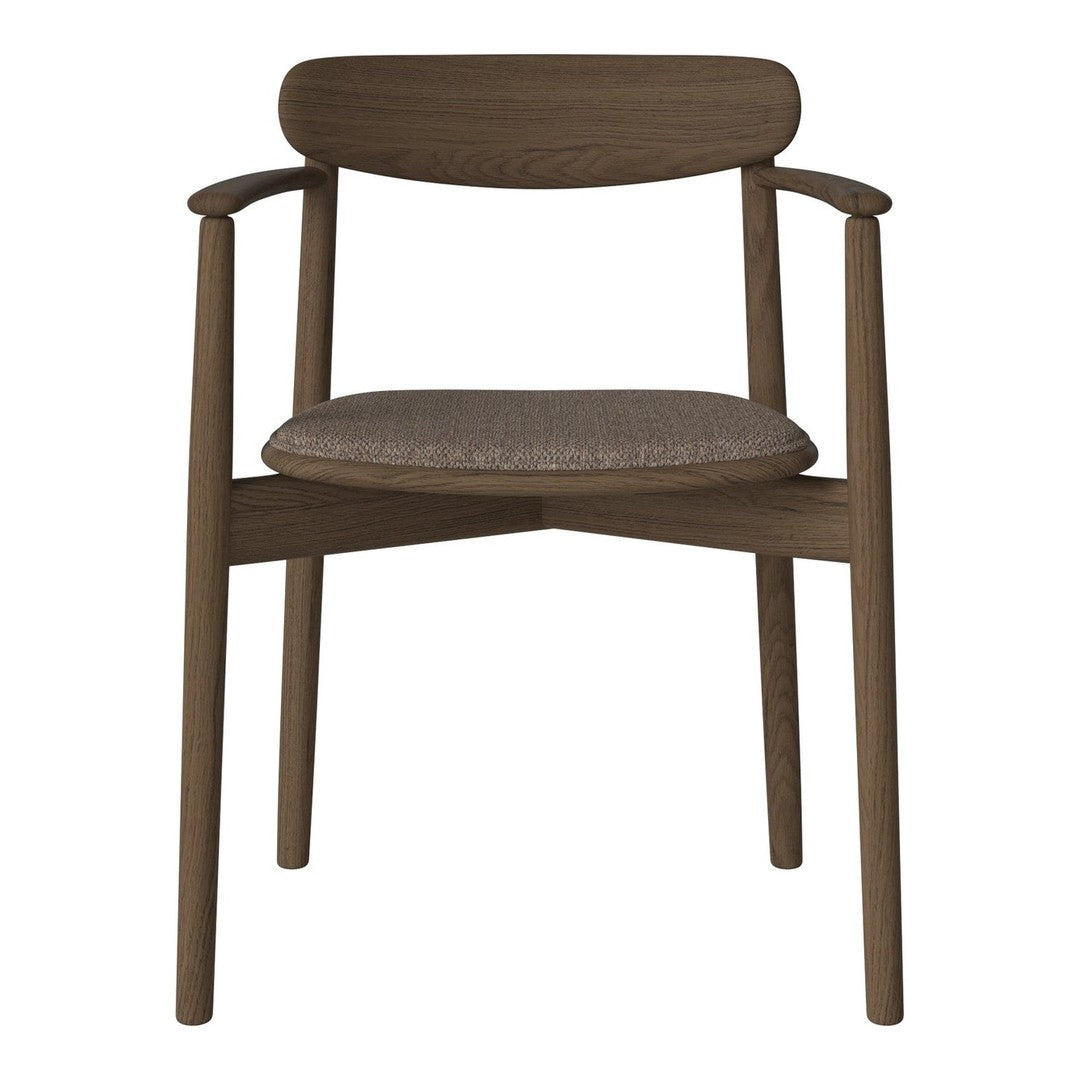 Brown wooden chair with a minimalist design and a textured gray seat cushion. Simple, sleek style for modern interiors.