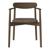 Brown wooden chair with a minimalist design and a textured gray seat cushion. Simple, sleek style for modern interiors.