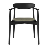 Black wooden chair with a textured olive green seat cushion, featuring a minimalist design.