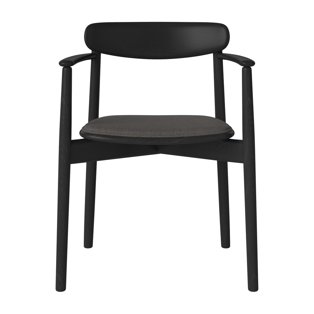 Black wooden chair with a sleek design and a textured gray seat cushion. Modern and minimalist style.
