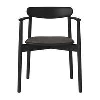 Black wooden chair with a sleek design and a textured gray seat cushion. Modern and minimalist style.