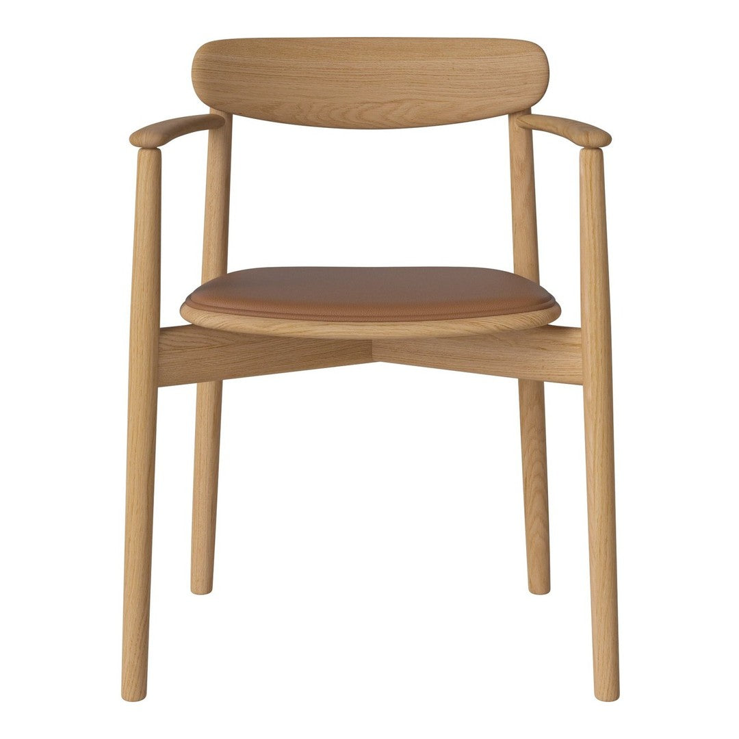 Natural wood finish with brown leather seat, showcasing a minimalist design and smooth curves. Perfect for modern decor.
