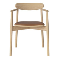 Natural wood chair with light beige frame and a warm brown leather seat, showcasing simple, modern design.