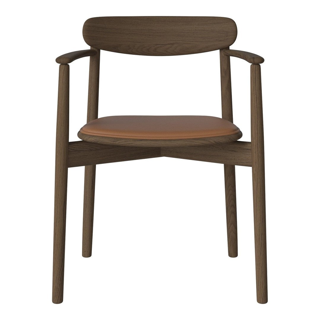 Brown wooden chair with a tan leather seat and minimalist design. Elegant and modern aesthetic with simple lines.