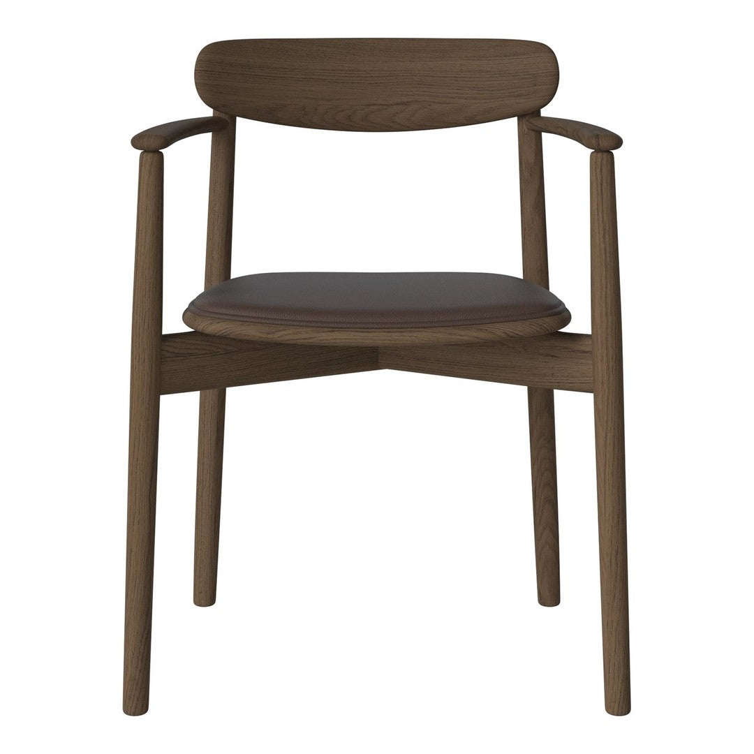 Modern wooden chair with a rich brown finish and a sleek, dark seat cushion, featuring clean lines and minimalistic design.
