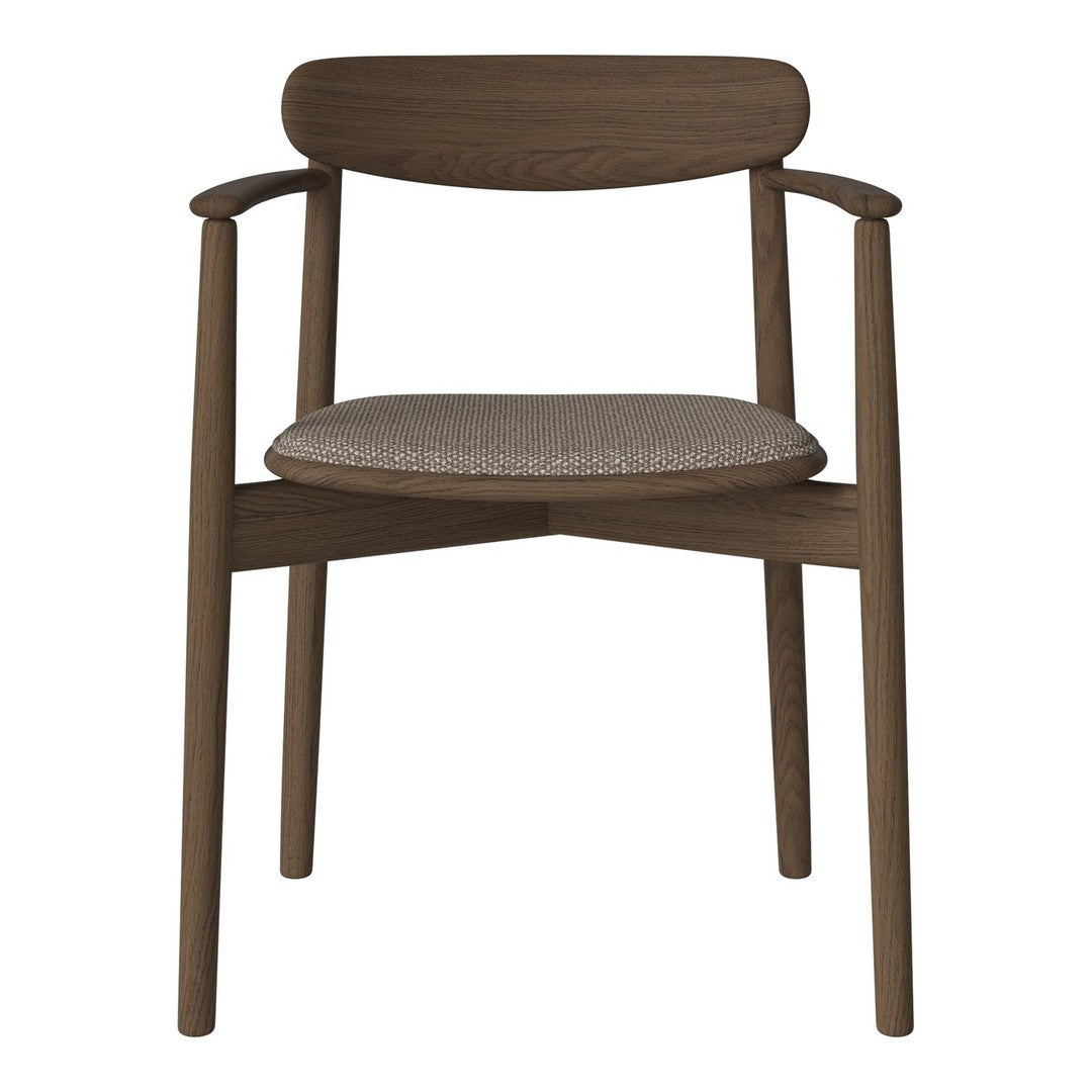 Brown wooden chair with a smooth finish; beige patterned cushion adds a soft touch. Perfect for modern decor.