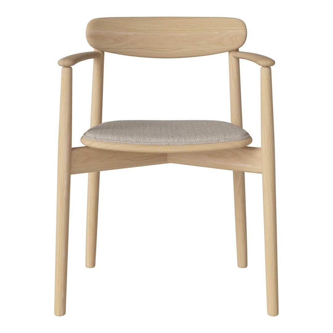 Natural wood chair with soft beige upholstery and subtle textured pattern. Elegant and minimalist design.